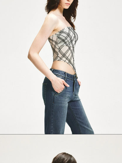 KVKV Yoga Clothing Brand - Diamond Grid Ruffle Hem Strapless Top