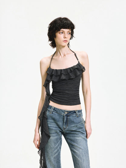 kvkv Double Layer Lace Tie Adjustable Halter Top