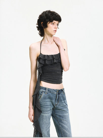 kvkv Double Layer Lace Tie Adjustable Halter Top