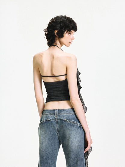 kvkv Double Layer Lace Tie Adjustable Halter Top