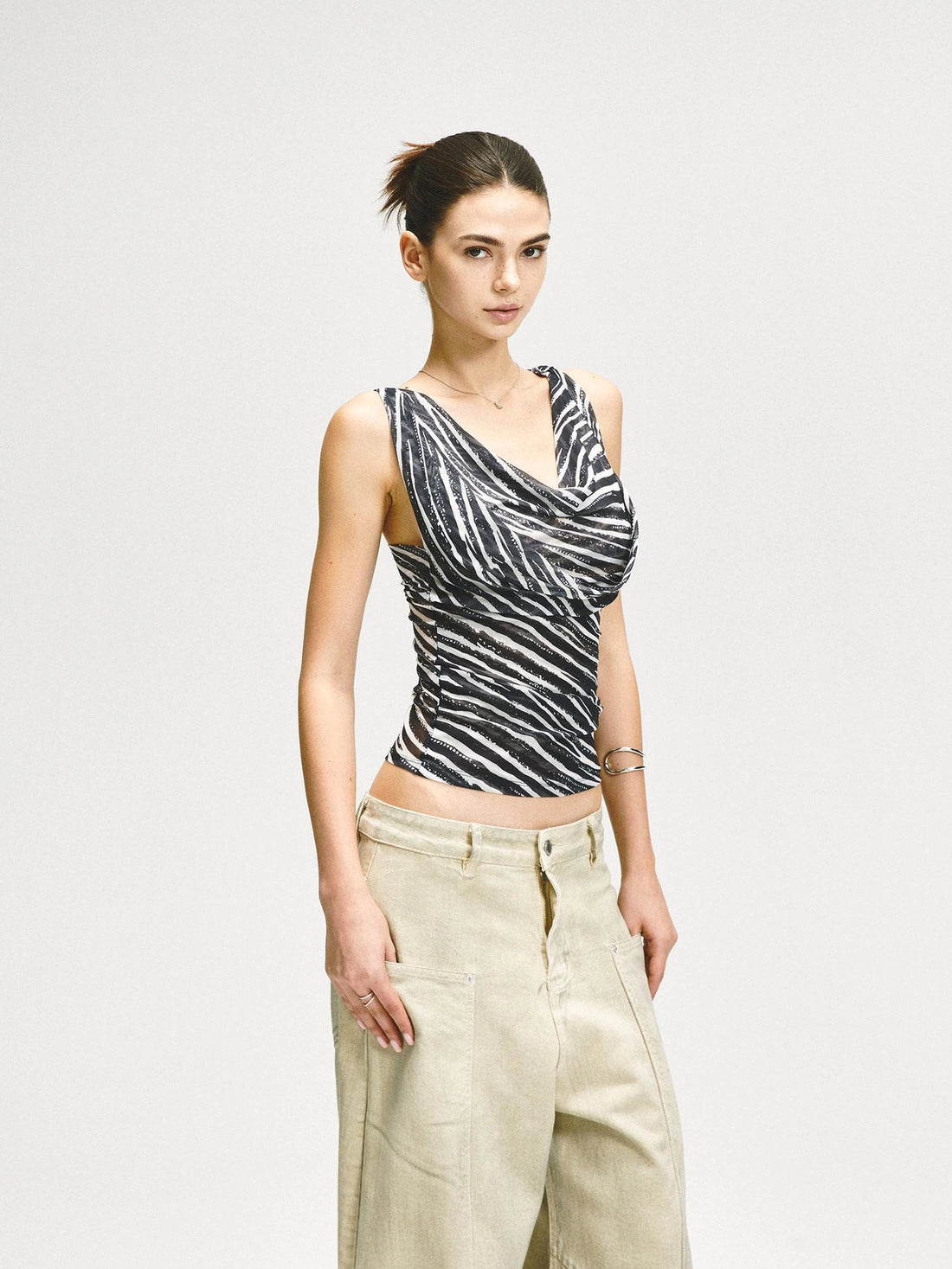 kvkv Double Swing Neck Zebra Print Waist Cinching Mesh Top