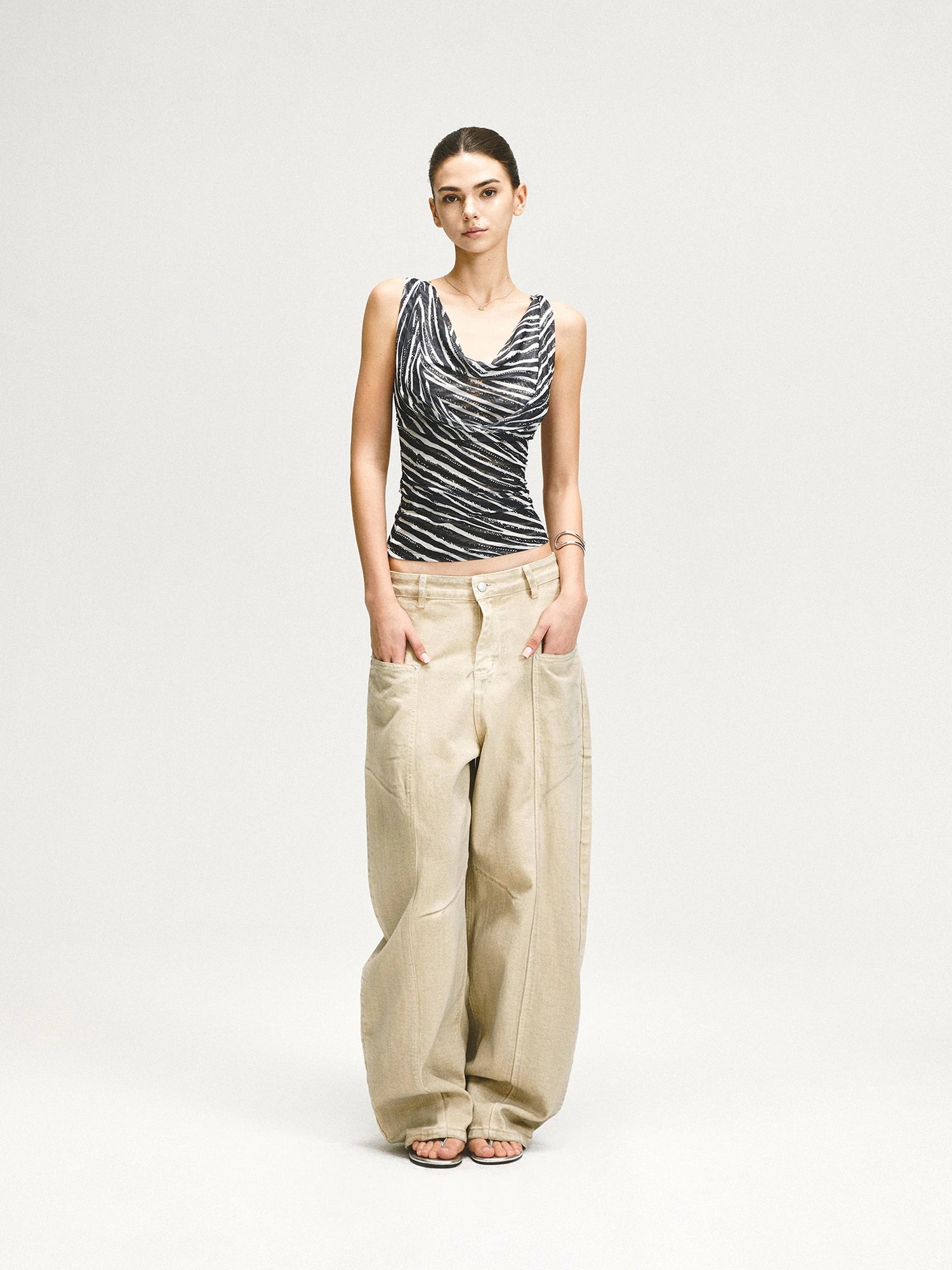 kvkv Double Swing Neck Zebra Print Waist Cinching Mesh Top