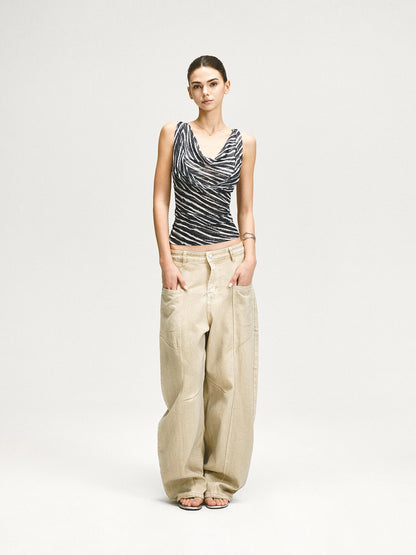 kvkv Double Swing Neck Zebra Print Waist Cinching Mesh Top