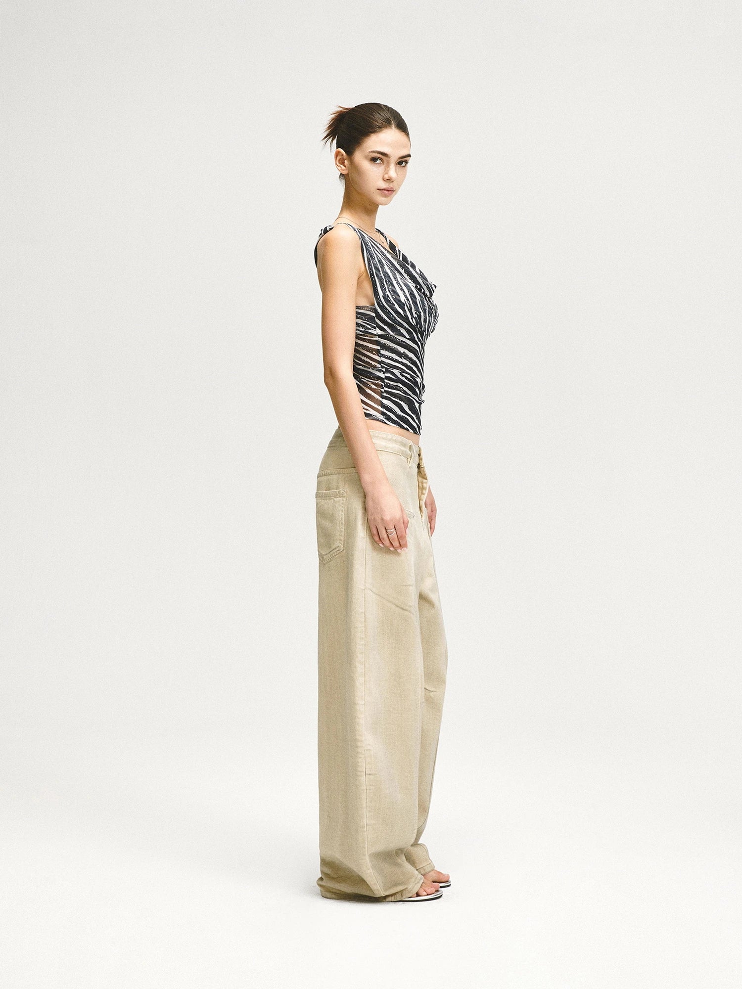 kvkv Double Swing Neck Zebra Print Waist Cinching Mesh Top