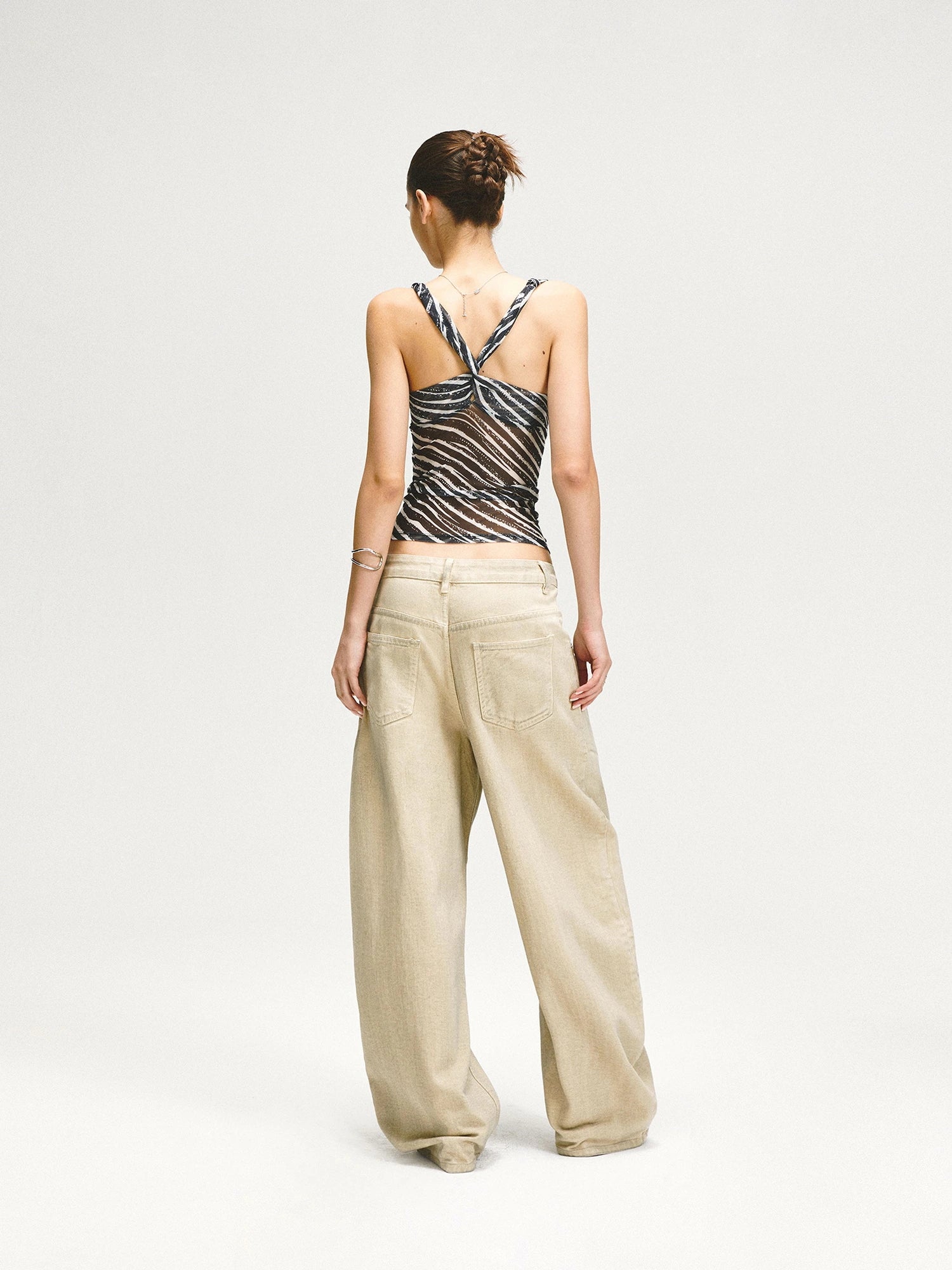 kvkv Double Swing Neck Zebra Print Waist Cinching Mesh Top