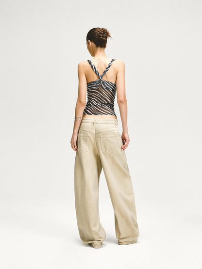 kvkv Double Swing Neck Zebra Print Waist Cinching Mesh Top