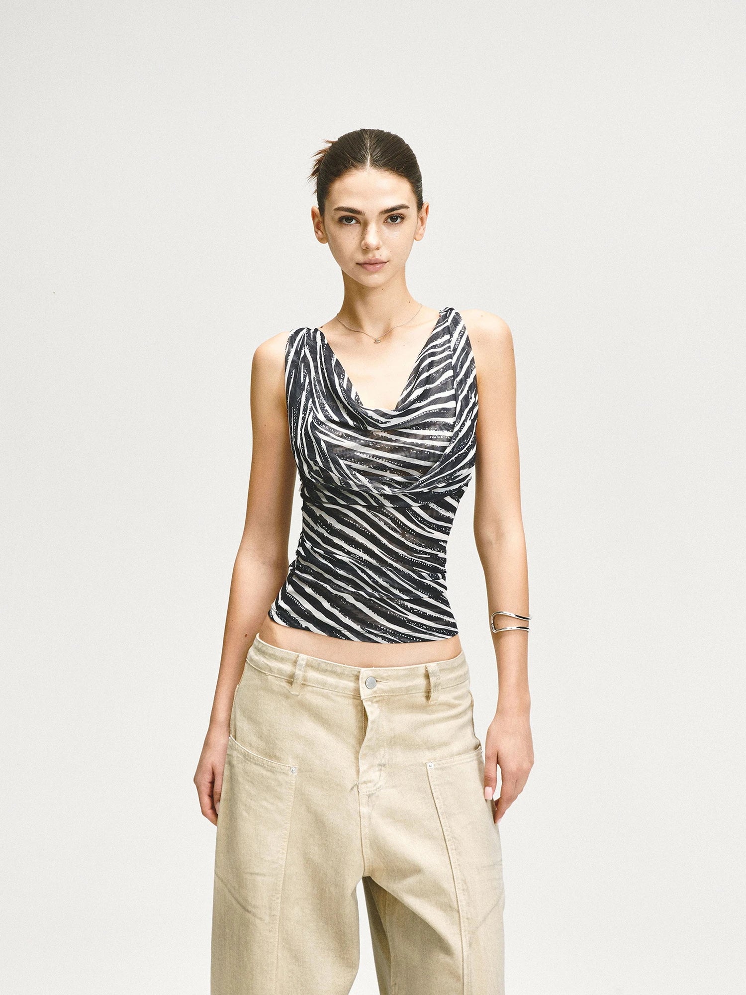 kvkv Double Swing Neck Zebra Print Waist Cinching Mesh Top