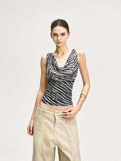 kvkv Double Swing Neck Zebra Print Waist Cinching Mesh Top