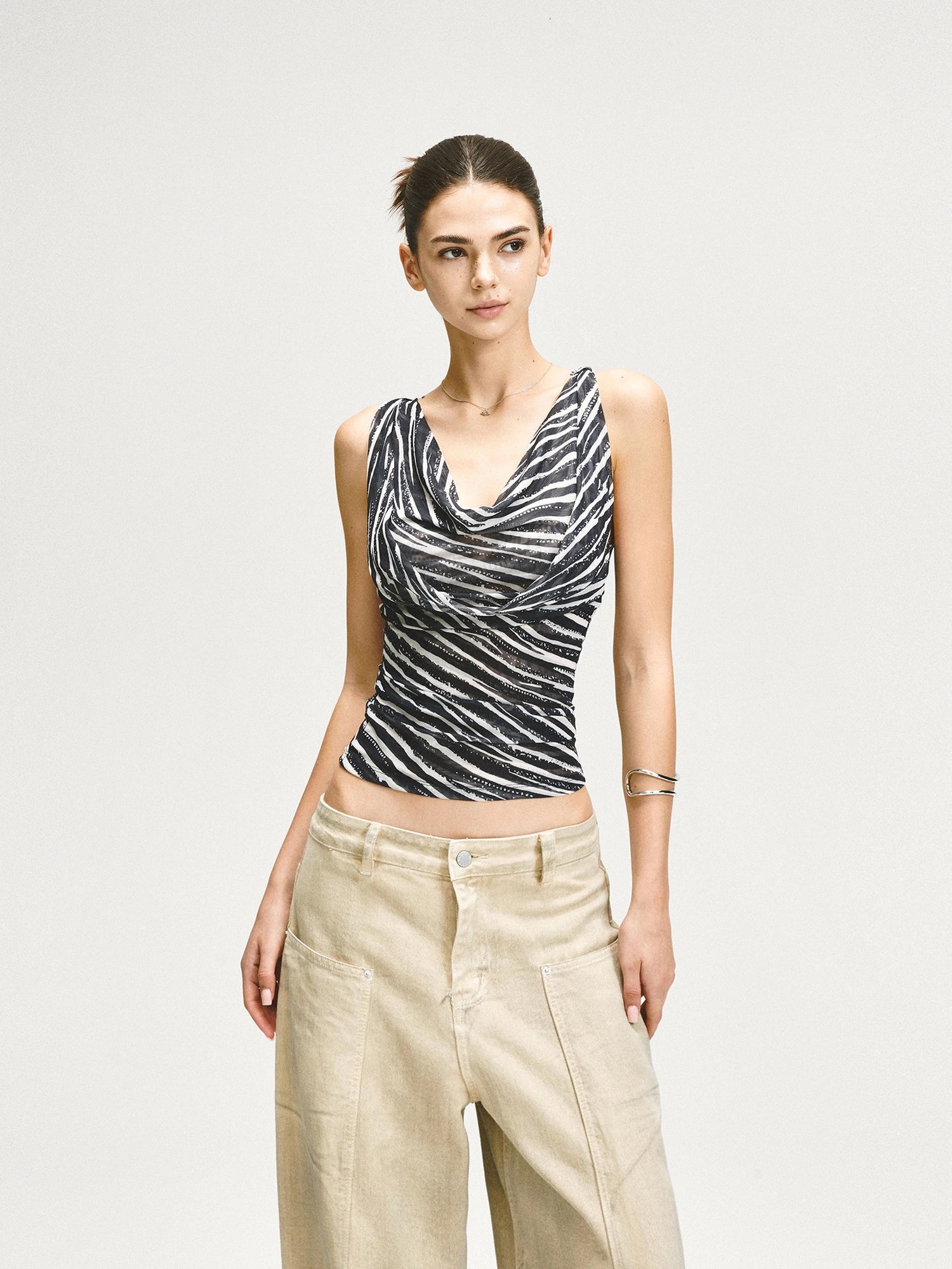 kvkv Double Swing Neck Zebra Print Waist Cinching Mesh Top
