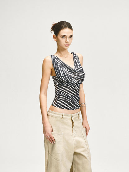 kvkv Double Swing Neck Zebra Print Waist Cinching Mesh Top