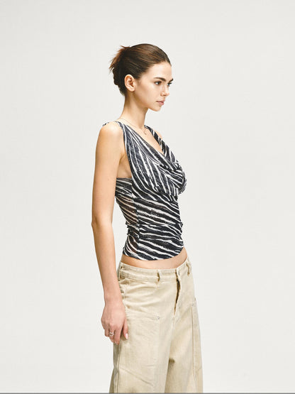 kvkv Double Swing Neck Zebra Print Waist Cinching Mesh Top