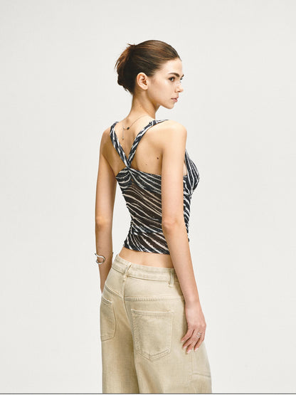 kvkv Double Swing Neck Zebra Print Waist Cinching Mesh Top