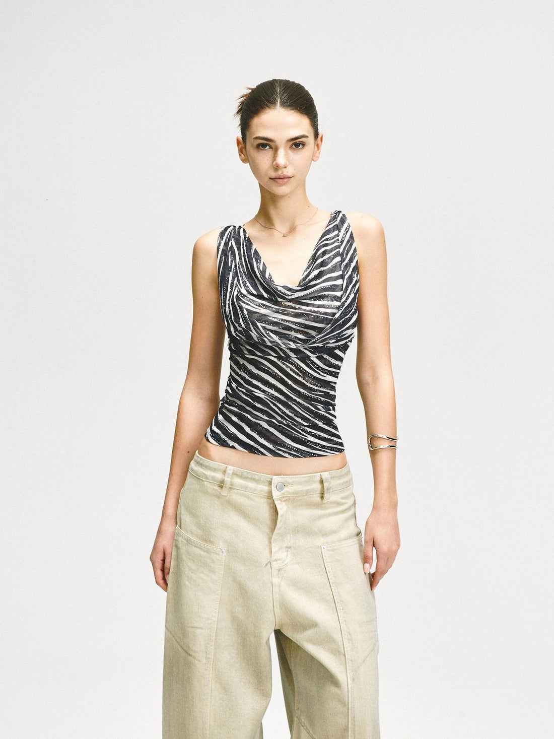 kvkv Double Swing Neck Zebra Print Waist Cinching Mesh Top