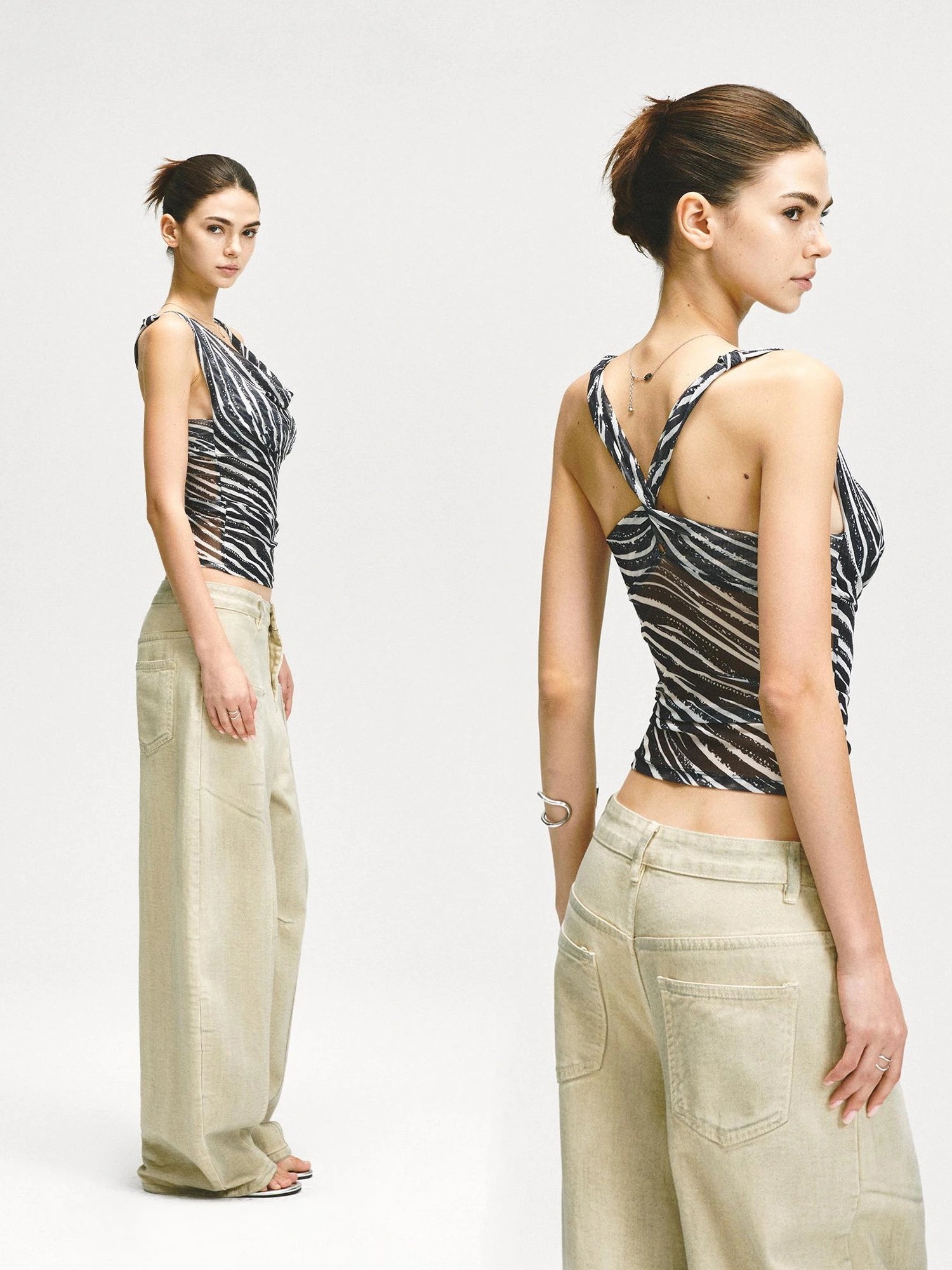 kvkv Double Swing Neck Zebra Print Waist Cinching Mesh Top