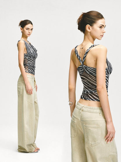 kvkv Double Swing Neck Zebra Print Waist Cinching Mesh Top