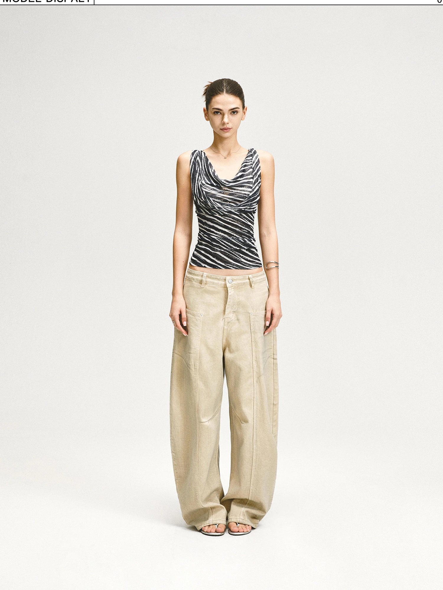 kvkv Double Swing Neck Zebra Print Waist Cinching Mesh Top