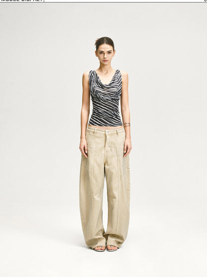 kvkv Double Swing Neck Zebra Print Waist Cinching Mesh Top