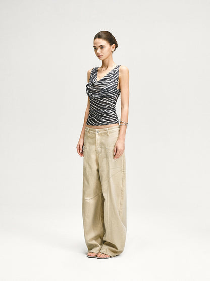 kvkv Double Swing Neck Zebra Print Waist Cinching Mesh Top