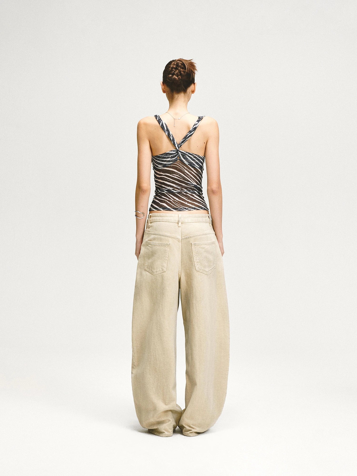 kvkv Double Swing Neck Zebra Print Waist Cinching Mesh Top