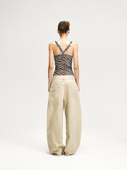 kvkv Double Swing Neck Zebra Print Waist Cinching Mesh Top