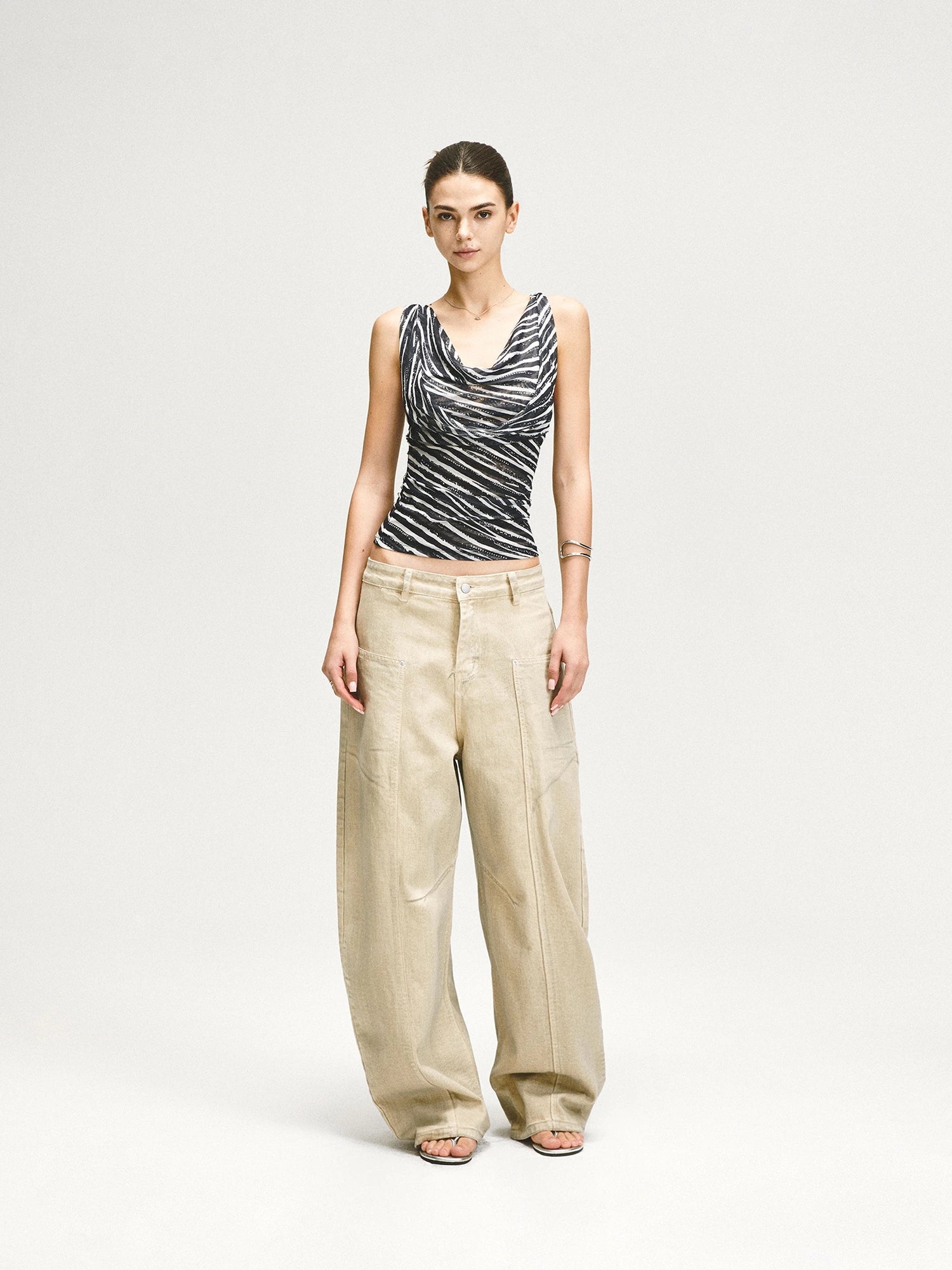 kvkv Double Swing Neck Zebra Print Waist Cinching Mesh Top