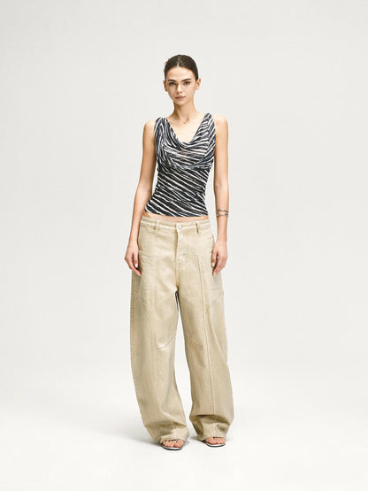 kvkv Double Swing Neck Zebra Print Waist Cinching Mesh Top