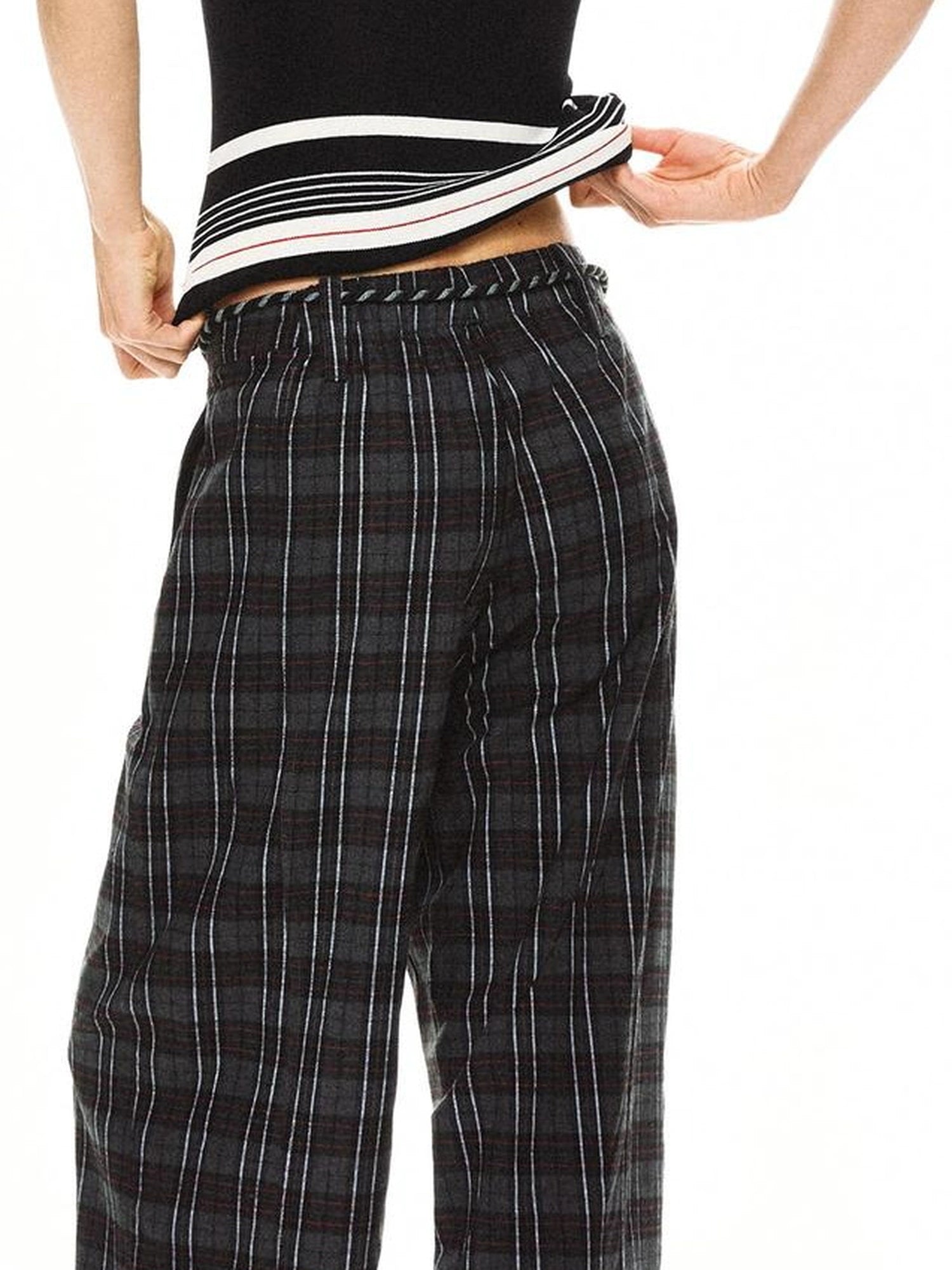 kvkv Drawstring Black Red Plaid Pants