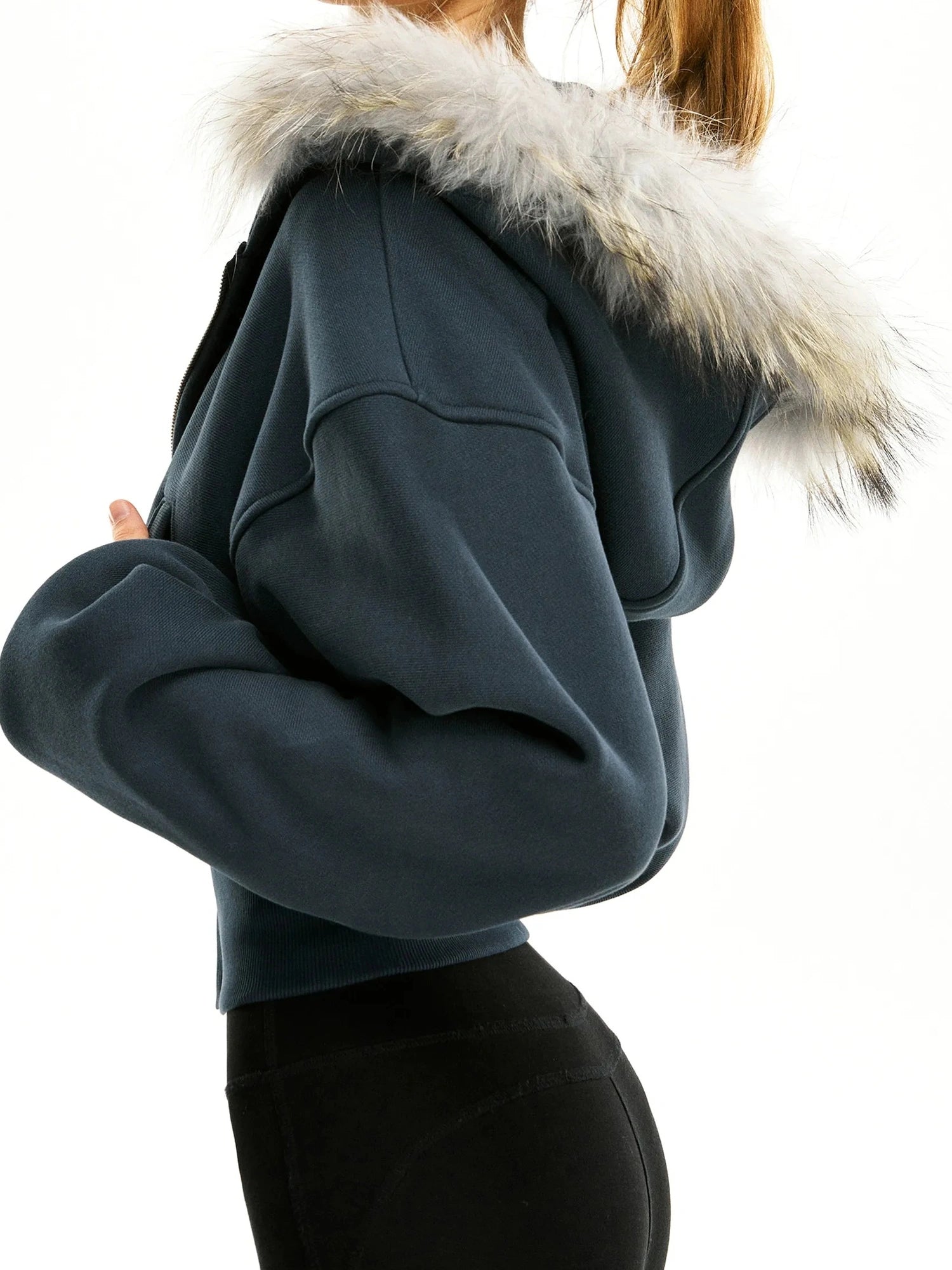 kvkv Faux Fur Hooded Zip Up Cropped Sweatshirt