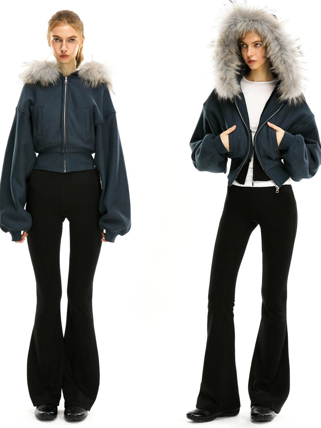 kvkv Faux Fur Hooded Zip Up Cropped Sweatshirt