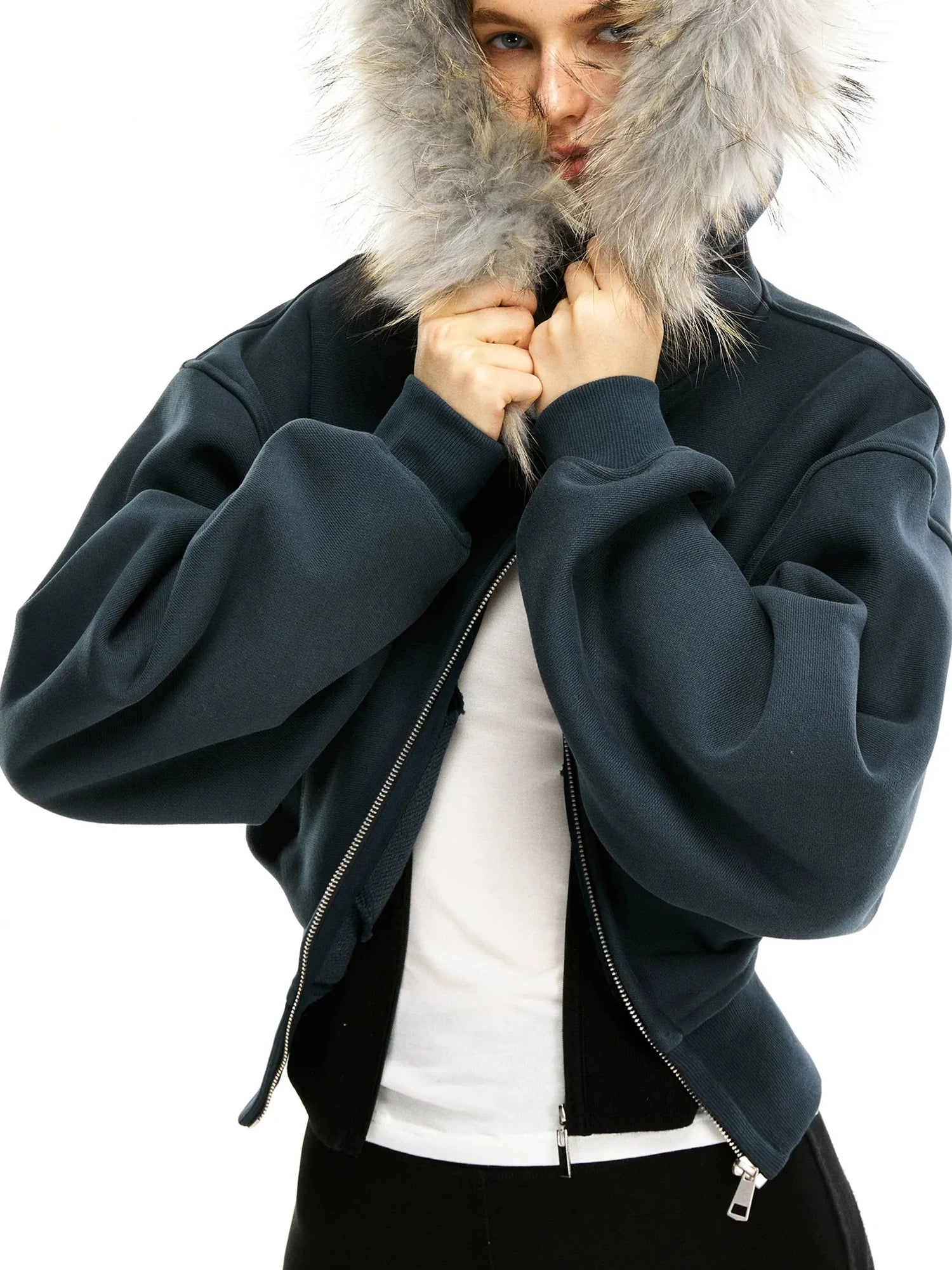 kvkv Faux Fur Hooded Zip Up Cropped Sweatshirt