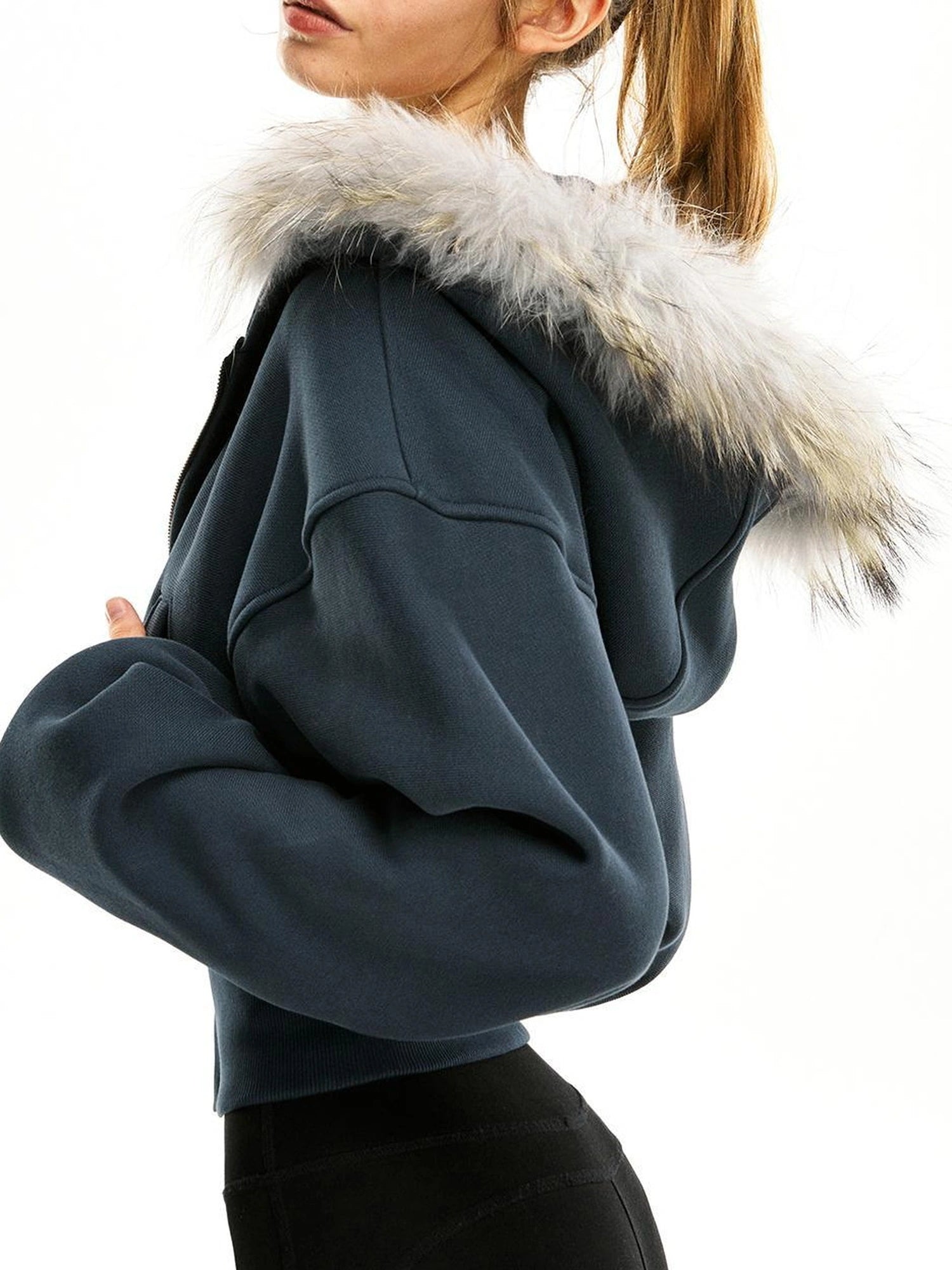 kvkv Faux Fur Hooded Zip Up Cropped Sweatshirt