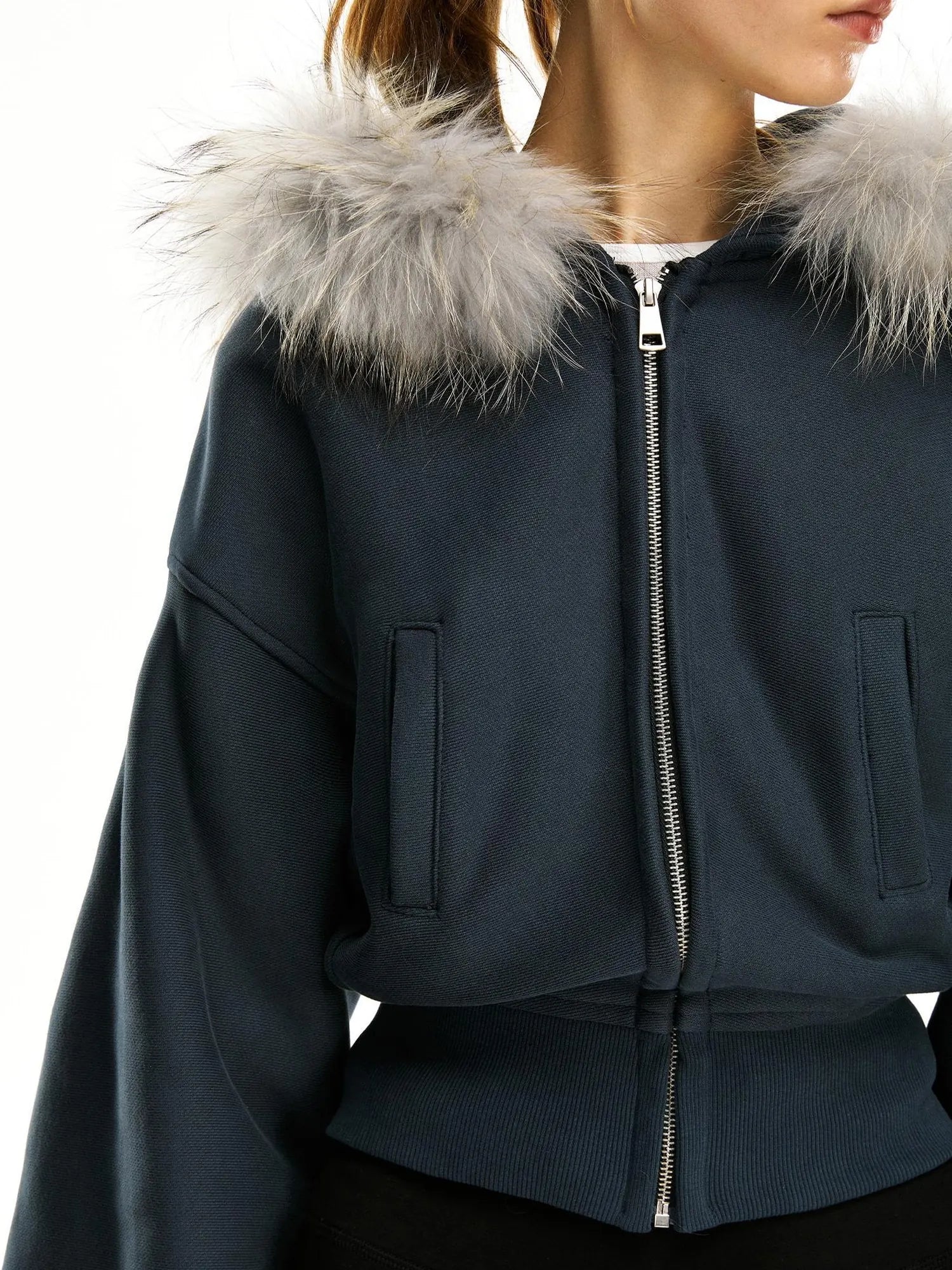 kvkv Faux Fur Hooded Zip Up Cropped Sweatshirt