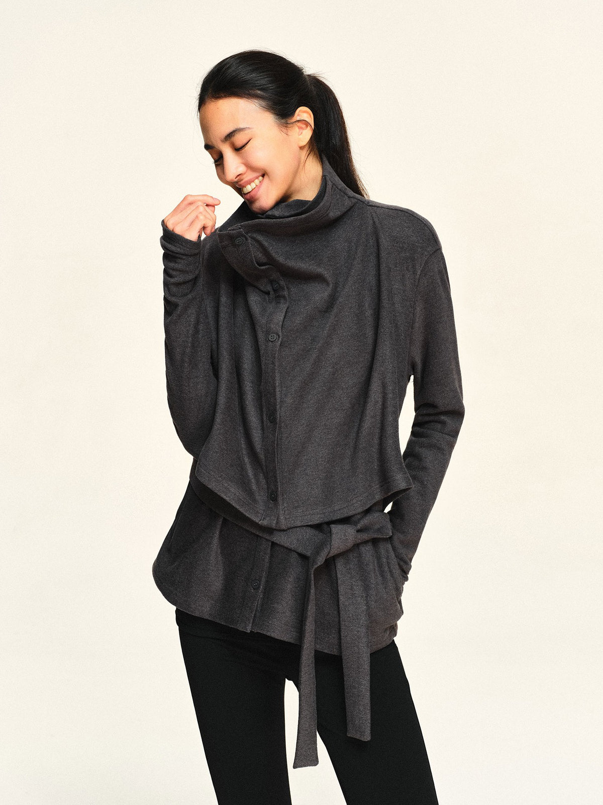kvkv Fleece Double Layer Lapel Waist Tie Women&