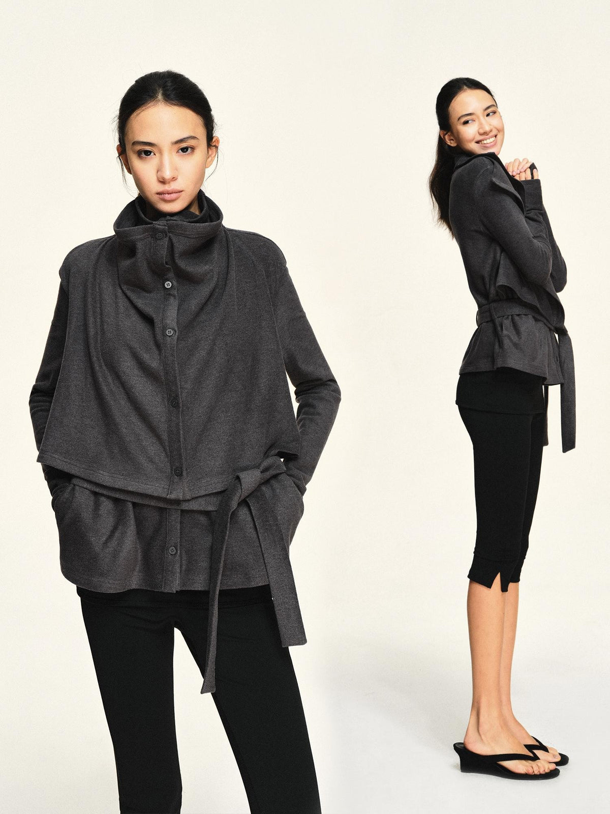 kvkv Fleece Double Layer Lapel Waist Tie Women&