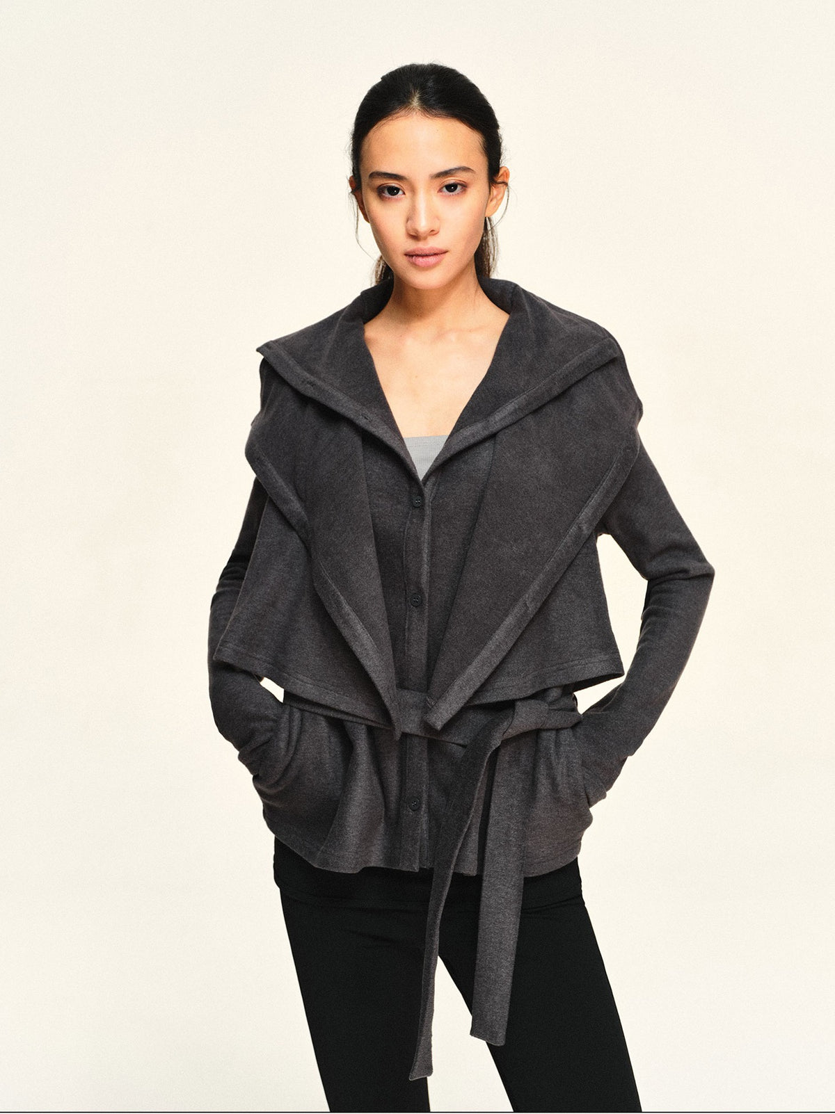 kvkv Fleece Double Layer Lapel Waist Tie Women&