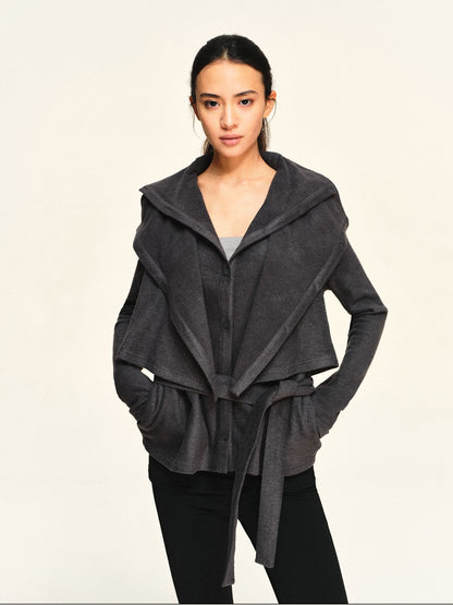 kvkv Fleece Double Layer Lapel Waist Tie Women&
