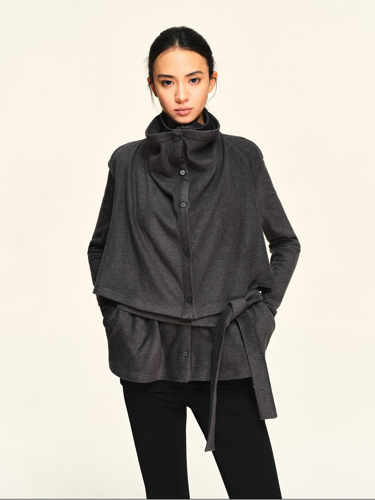 kvkv Fleece Double Layer Lapel Waist Tie Women&