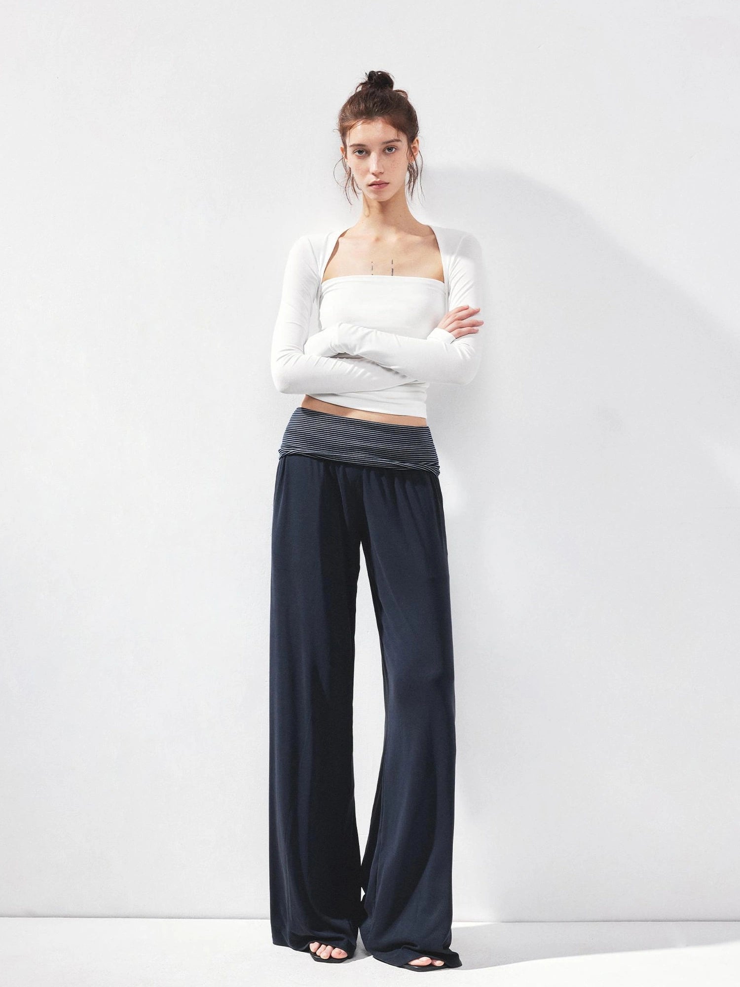 kvkv Fold Waist Stripe Knit Flare Pants