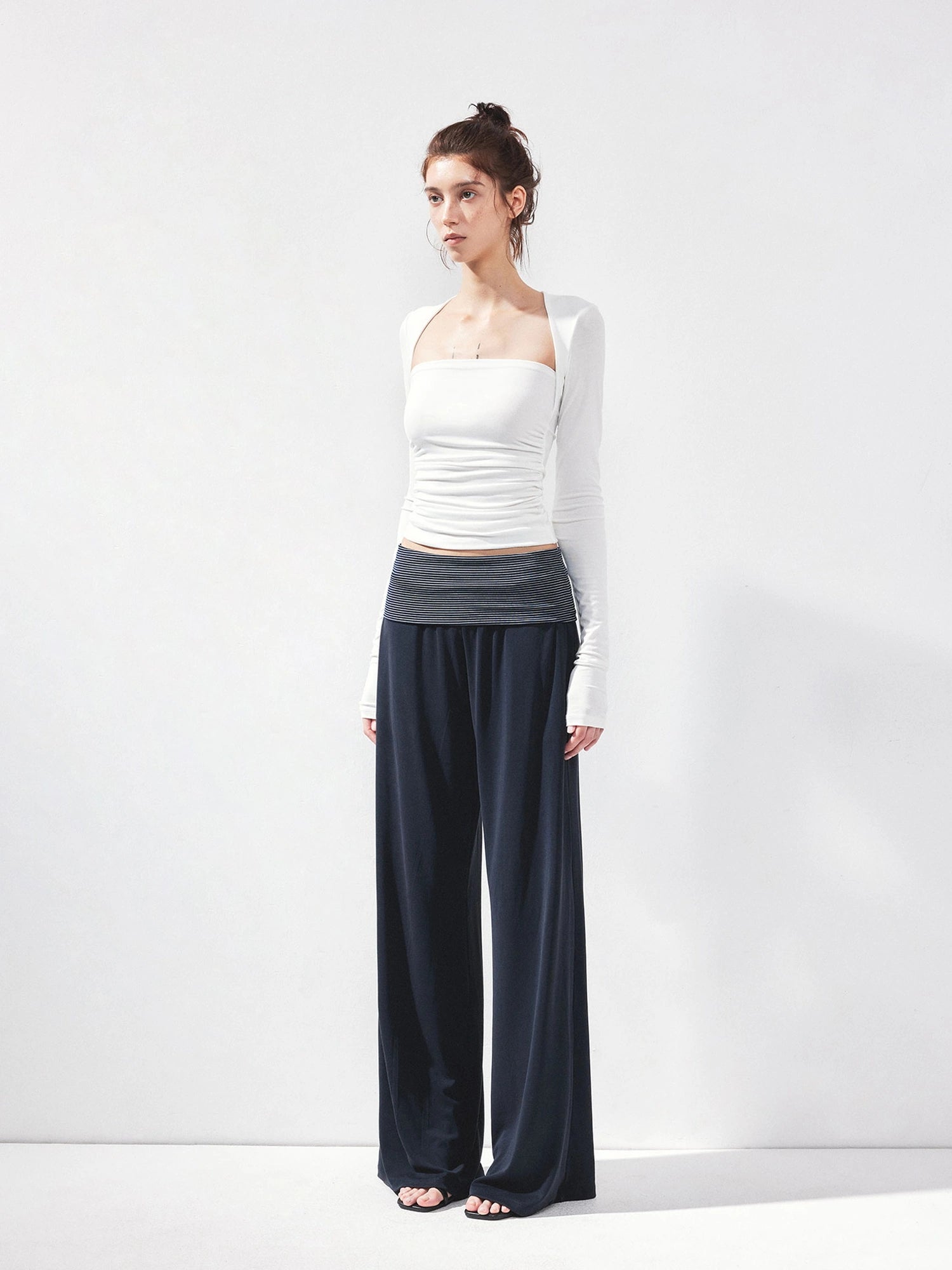 kvkv Fold Waist Stripe Knit Flare Pants