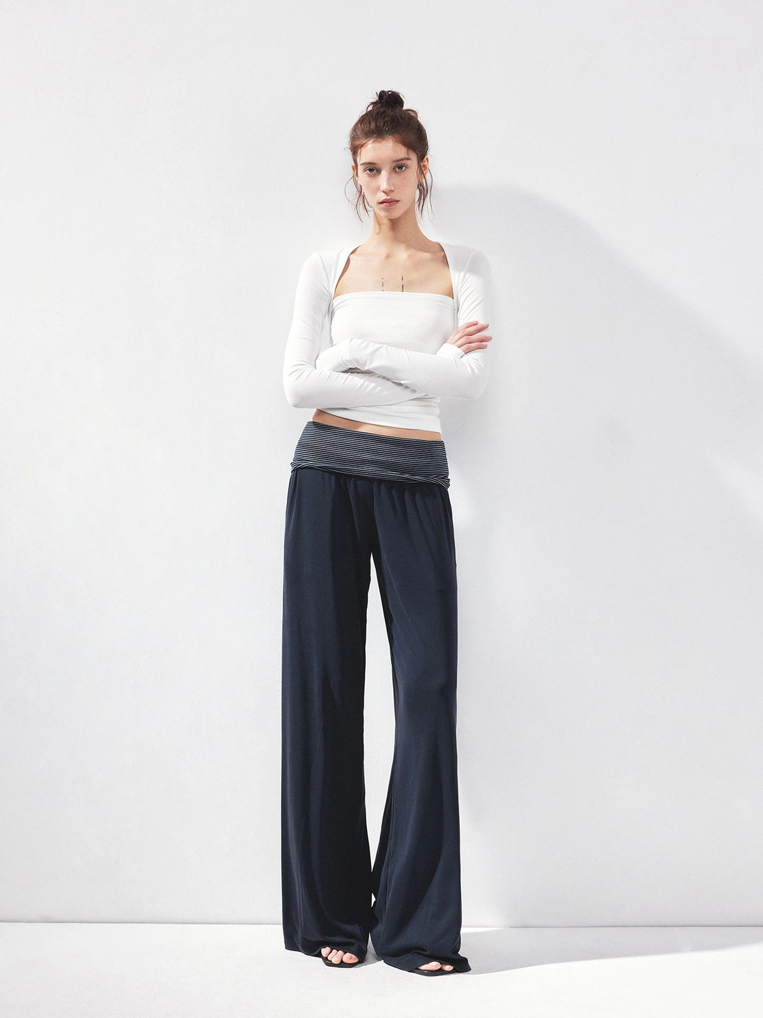 kvkv Fold Waist Stripe Knit Flare Pants