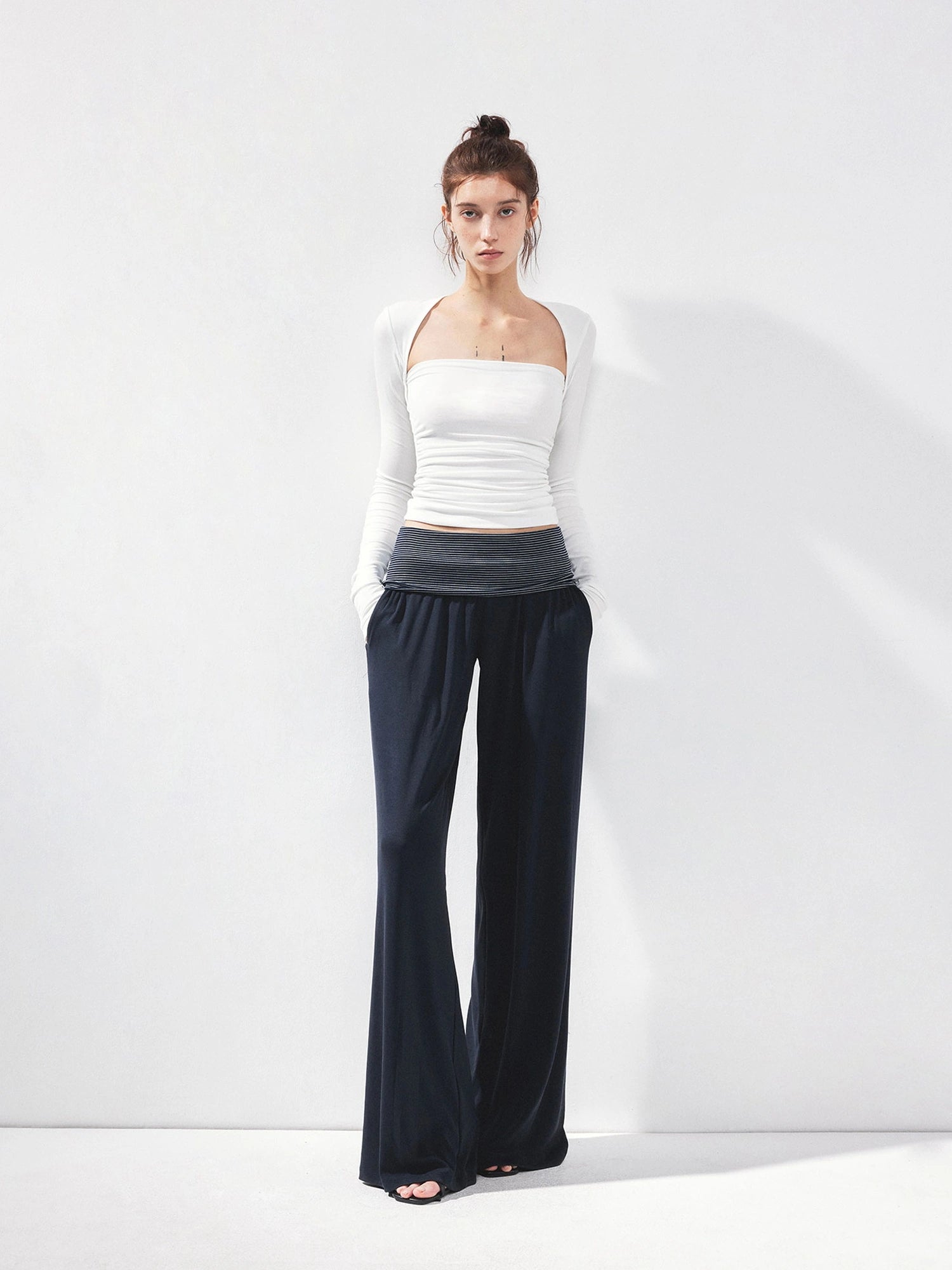 kvkv Fold Waist Stripe Knit Flare Pants
