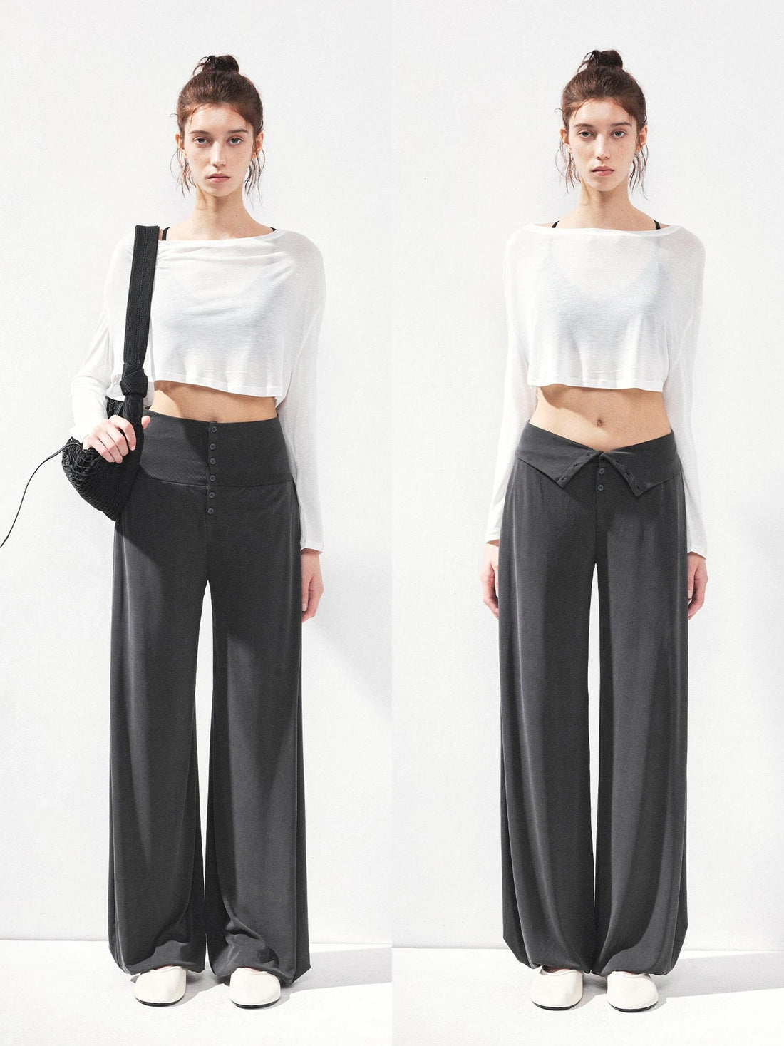 kvkv Foldable Motion Yoga Wide Ribbed Waistband Flared Tapered Pants