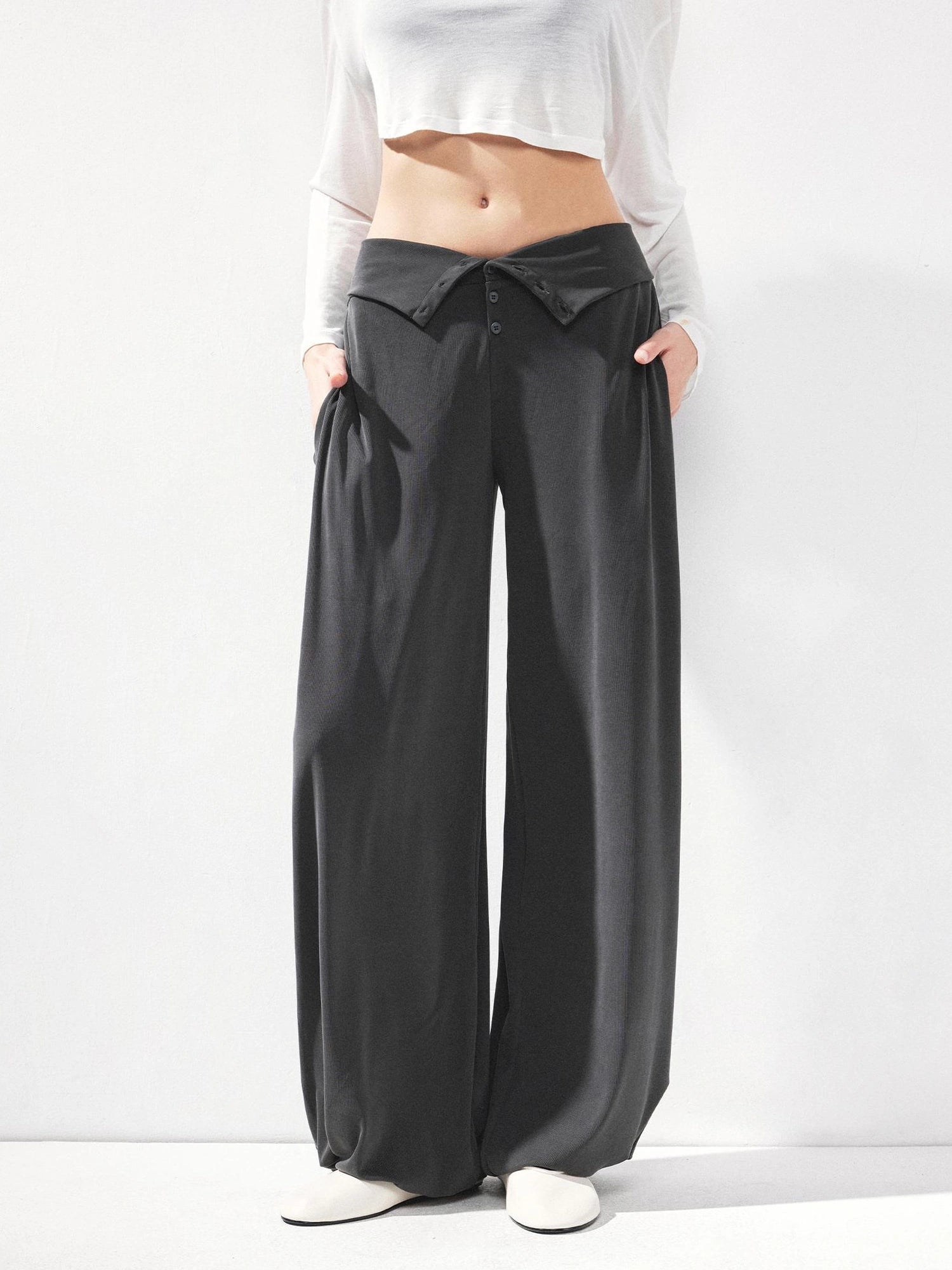kvkv Foldable Motion Yoga Wide Ribbed Waistband Flared Tapered Pants
