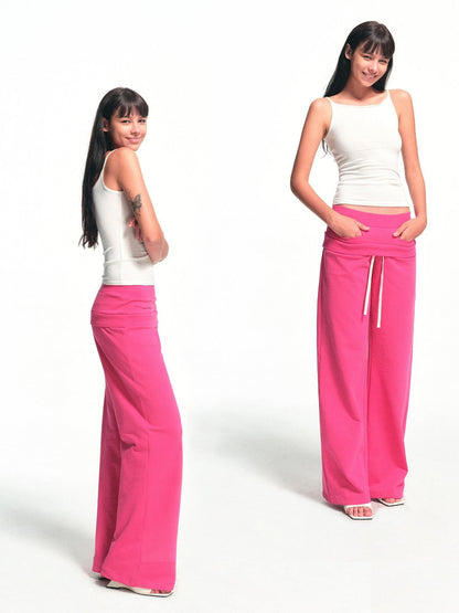 kvkv Fuchsia Double Waist Drawstring Wide Leg Pockets Drape Women&