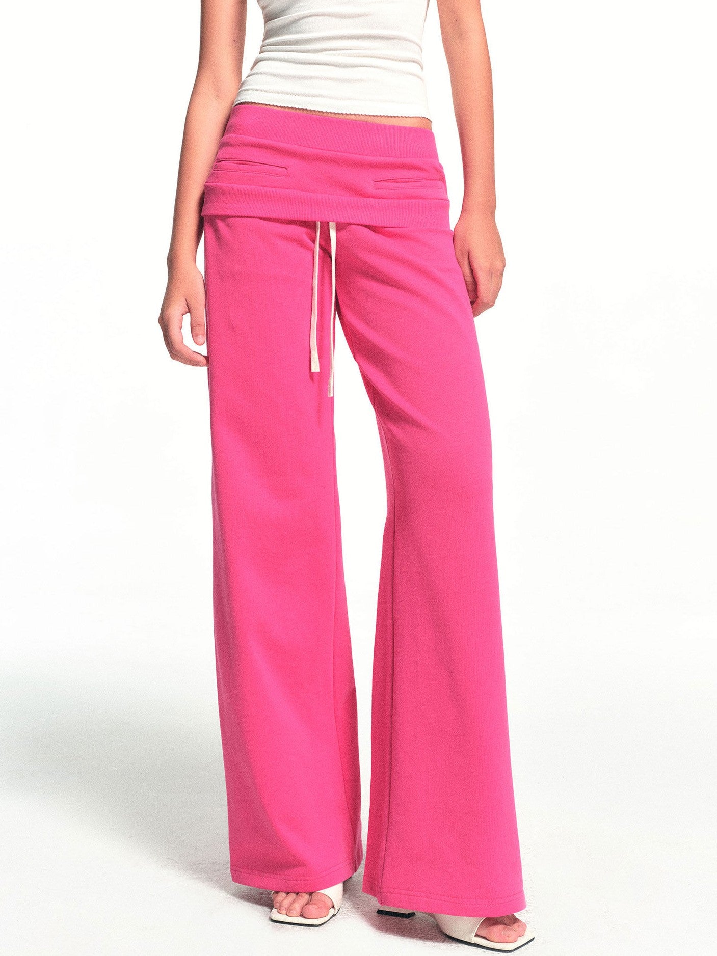 kvkv Fuchsia Double Waist Drawstring Wide Leg Pockets Drape Women&