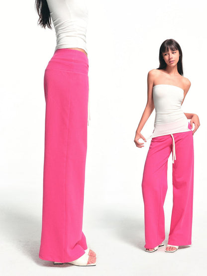 kvkv Fuchsia Double Waist Drawstring Wide Leg Pockets Drape Women&