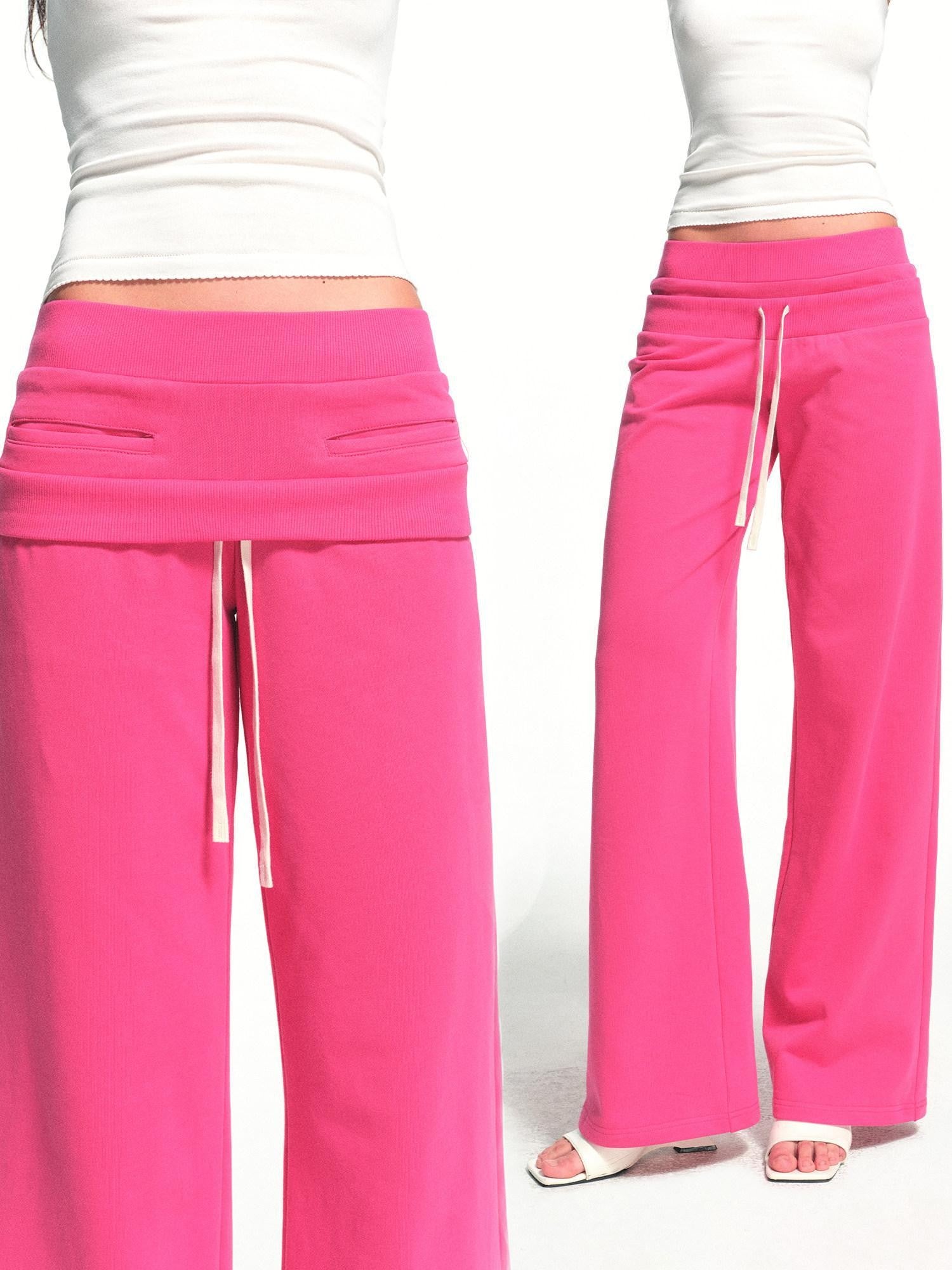 kvkv Fuchsia Double Waist Drawstring Wide Leg Pockets Drape Women&