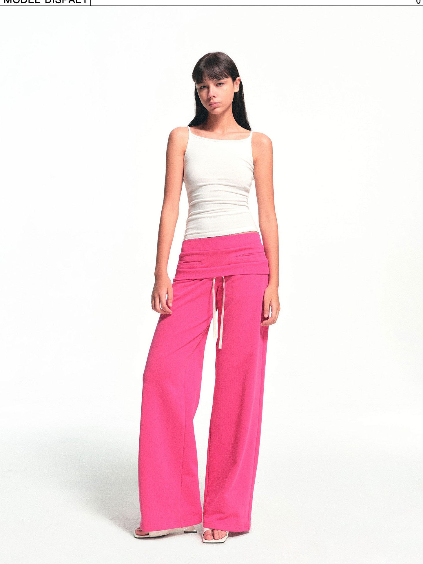 kvkv Fuchsia Double Waist Drawstring Wide Leg Pockets Drape Women&