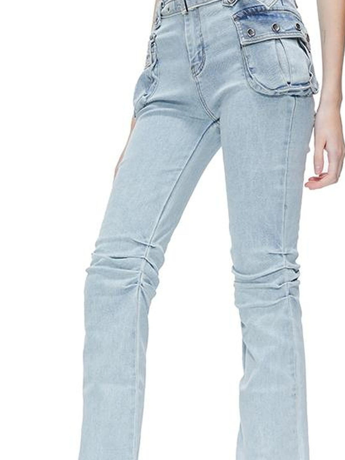kvkv Functional Pocket Knee Fold High Waist Denim Flare Pants