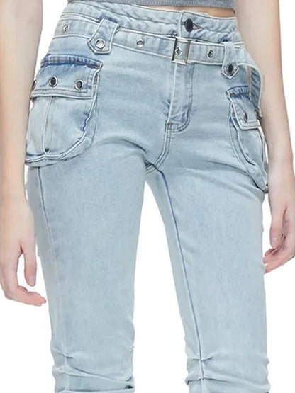 kvkv Functional Pocket Knee Fold High Waist Denim Flare Pants